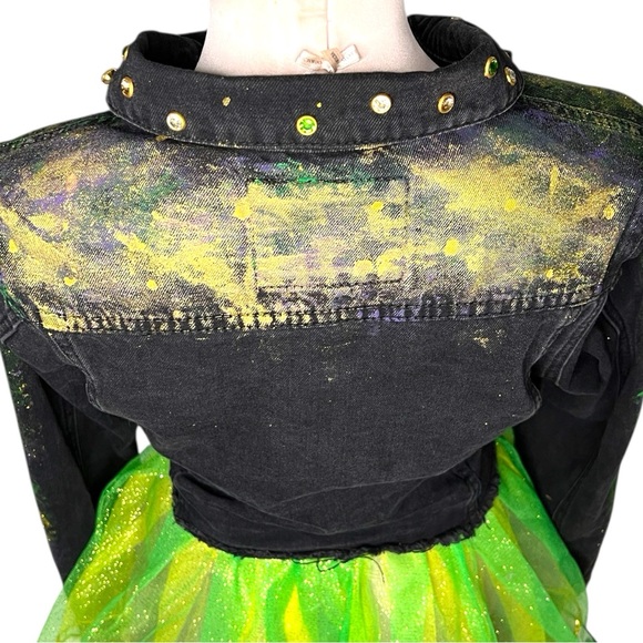 Custom Vibrant Mardi Gras Green and Black Denim American Bazi Jacket, Size: Lg - Picture 7 of 10
